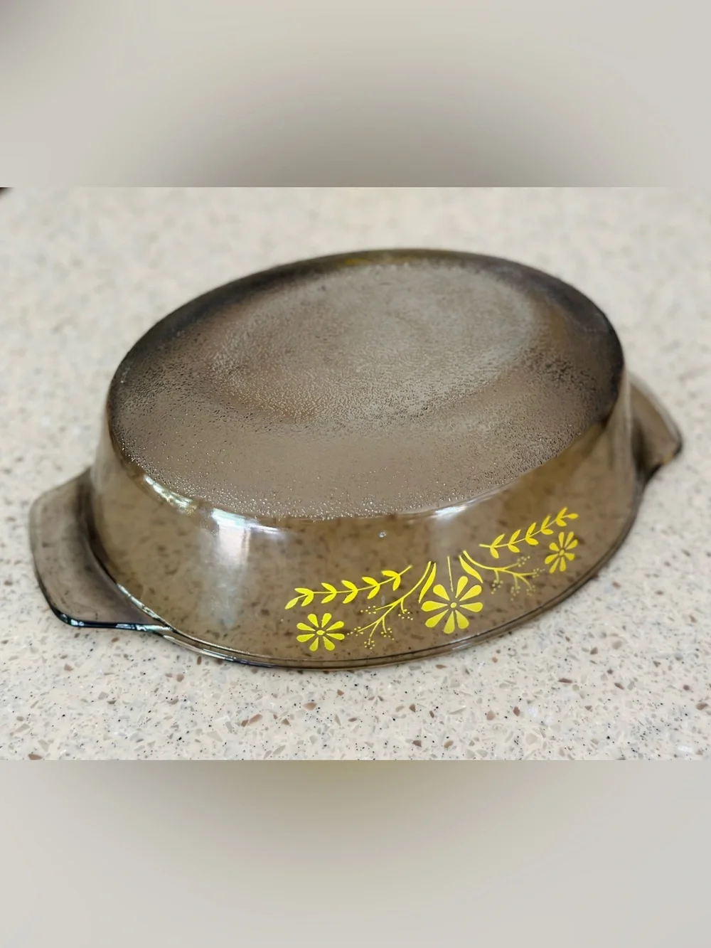 Vintage yellow daisy and smoked amber casserole dish
